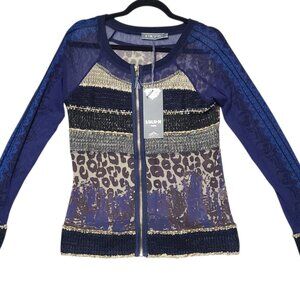 Lulu H  Knit Zip Sheer Sleeve Top  Women's Size Large